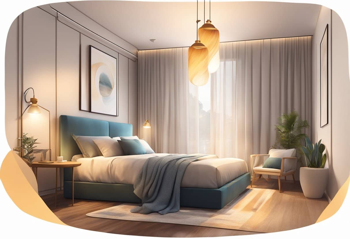 Modern bedroom with sleek lighting fixtures creating a warm ambiance.