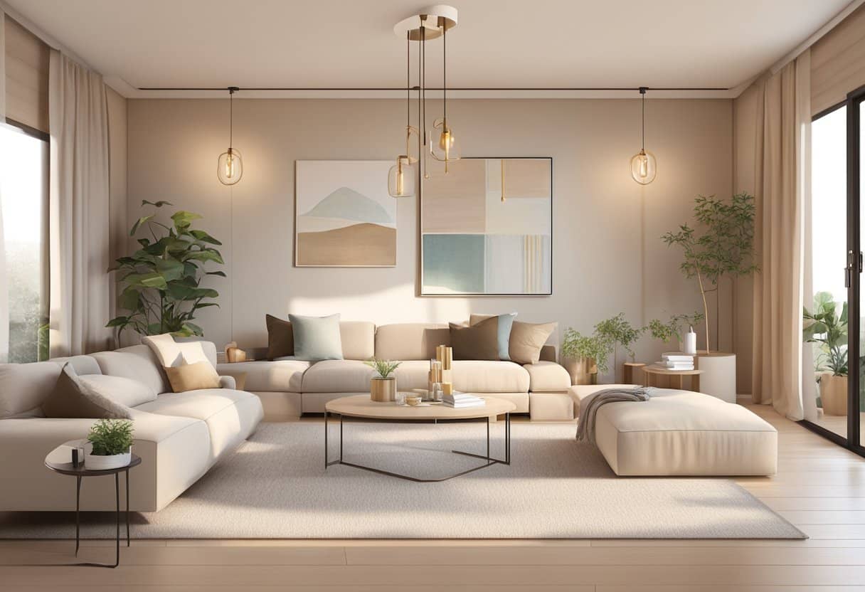 Contemporary beige living room adorned with sleek sofas, modern lighting fixtures, and lush green plants.