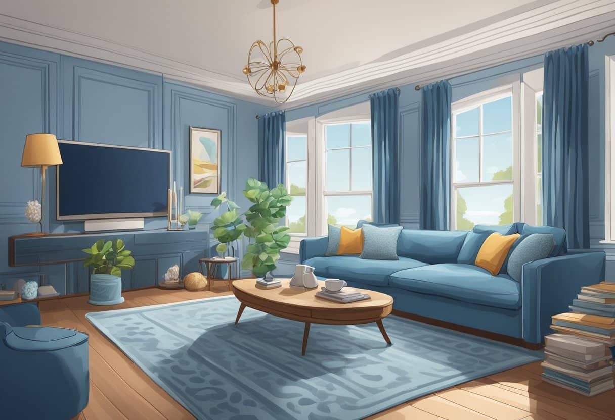 Blue-themed living room with matching sofa, carpet, walls, and decor creating a serene and cohesive ambiance.